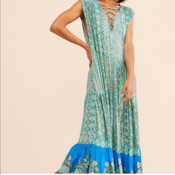 FREE PEOPLE Blue Boho Floral Print Crinkle Maxi Dress Teal Hanalei Bay - Picture 4 of 16